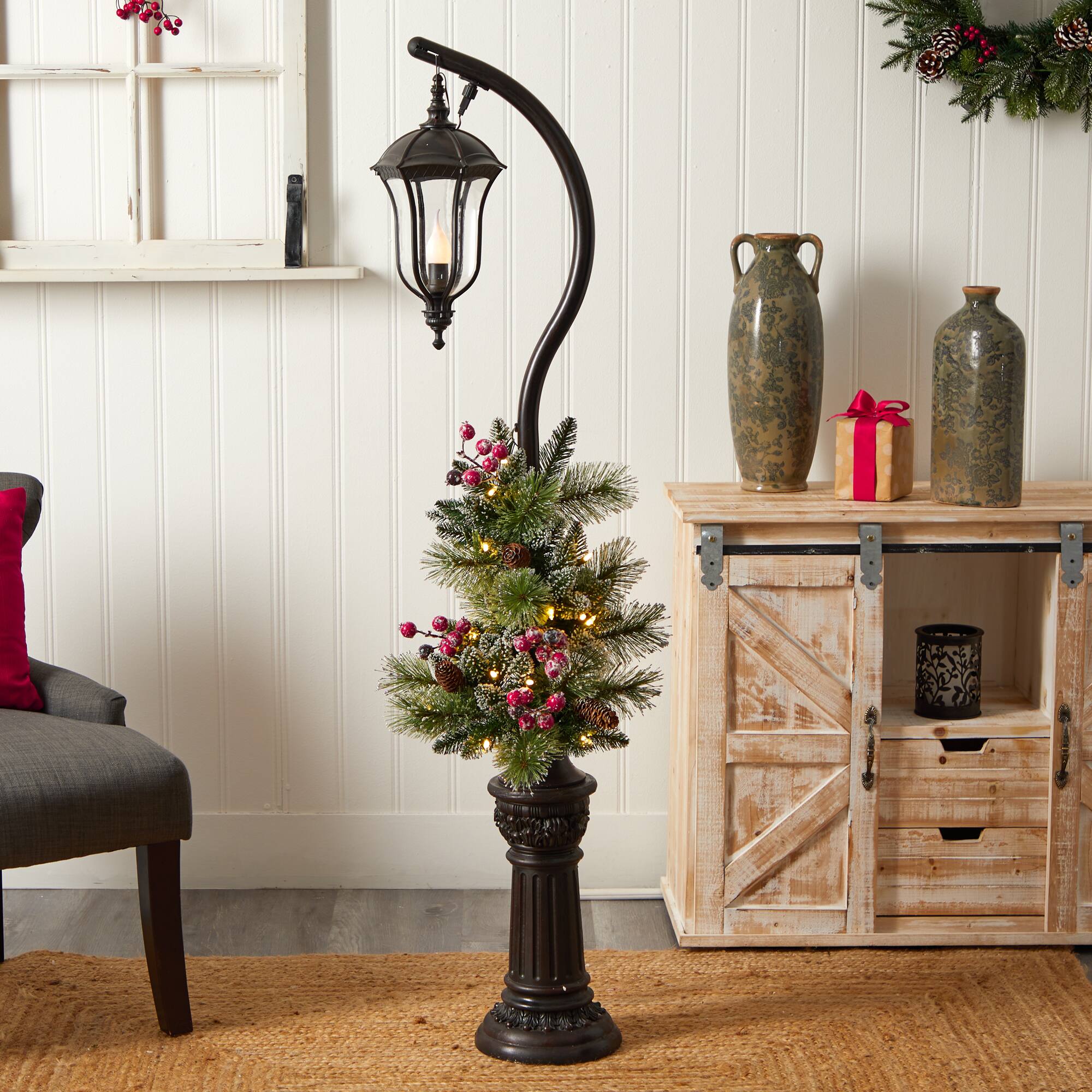 5ft. Pre-Lit LED Holiday Decorated Lamp Post With Greenery & Berries